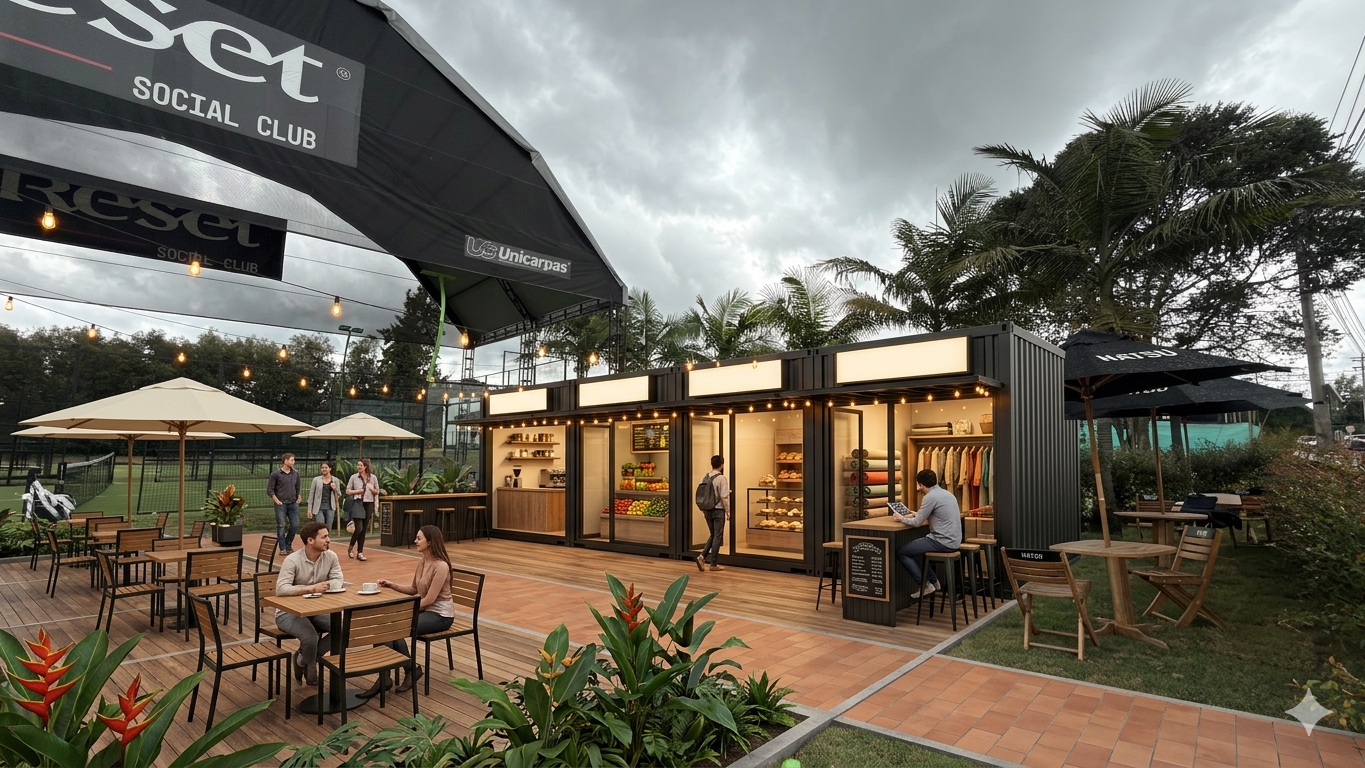 Render realista de locales y deck social frente a contenedores.