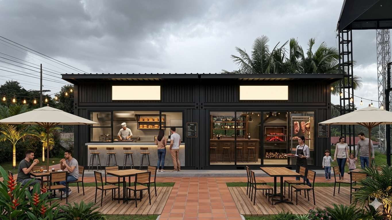 Render de fachada comercial y zona de mesas en plazoleta.